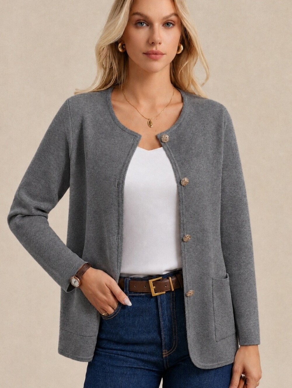 Grace Karin Grey Round-Neck Button Front Cardigan/ BNWT
